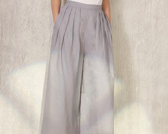 Women Linen Palazzo Pants Wide Leg Trousers Casual Loose Boho Trousers F851