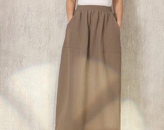 Women's Thick Cotton Linen Skirt Plus Size A-Line Skirt with Patch Pockets Custom Loose Casual Skirt Spring Fall Elastic Waist Skirt F834