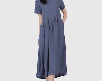 Abito da donna in cotone e lino a maniche corte, abito estivo ampio e casual, abito a trapezio a vita alta, abito in lino con scollo a barca, abbigliamento da vacanza A39 8