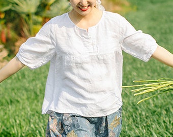 Women's linen shirt, Half Sleeves shirt, Summer linen blouse, soft loose linen blouses, oversized shirt, plus size clothing, custom N81