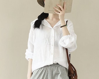Linen top linen shirt with hoodie long sleeve shirt loose linen blouses plus size clothing soft large size top boho fall spring top N208