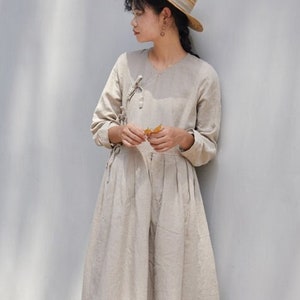 Women's linen dress, long sleeves dress, linen maxi dress, loose casual fall dress, oversized long dress, long robe, plus size dress N144 image 2