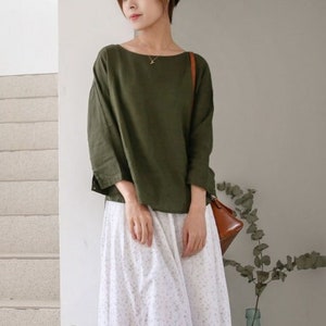 Women's linen tops long sleeves crop tops 100% linen loose summer linen blouses oversized shirt plus size clothing hand made clothing N290