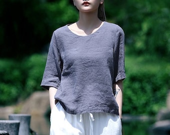 Women's linen tops Half Sleeves blouse Summer linen shirt soft loose linen blouses oversized shirt plus size clothing F160