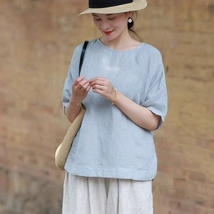 Women 100% pure linen crop tops half sleeve blouses simple loose casual soft summer tee handmade custom plus size clothing boho T-shirt F590