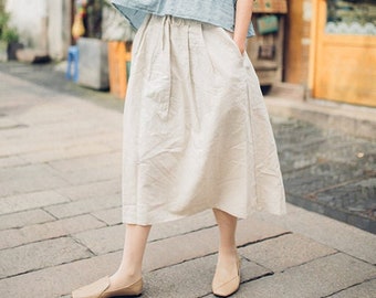 Women's linen skirt, linen midi skirt, casual loose skirts, fall spring skirt, elastic waist skirt, customized plus size skirt Boho R12-6