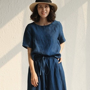 Linen tops linen blouses short sleeves shirt women tops loose casual tops boho oversized linen tunic tops plus size clothing N183