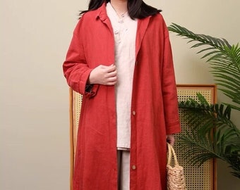 Cotton linen longshirt loose long cardigan coat women&#39;s outer maxi dress spring summer long shirtdress blouse plus size clothing N238-1