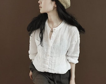 Linen shirt, long sleeves shirt, white shirt, loose linen blouse ,oversized tops, plus size clothing, custom clothing,fall tops N118