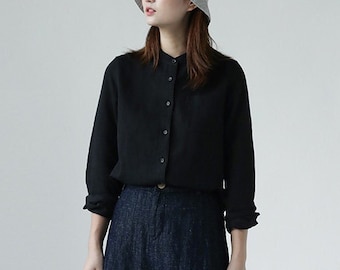 Women's linen cotton shirt long sleeve shirt black cotton blouse loose linen top oversized tops plus size clothing custom made shirt N118-1