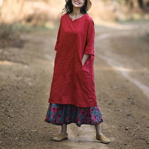 Women linen dress, half sleeves midi dress, summer tunic dresses, loose fitting dress, custom oversized dress, plus size clothing boho N172