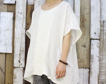 Women Linen tops , short sleeves shirt, loose linen blouses top oversize shirt, plus size clothing, soft large size top, fall spring top N78