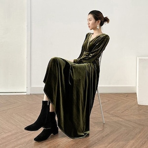 Women Velvet Dress, Midi Dress, Long Sleeves Dress, Oversized Dress, Winter Long Wrap Dress Plus Size Clothing Wedding dress Swing Dress R62