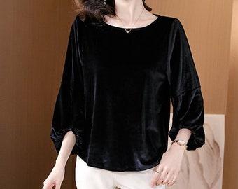 Women Velvet Top, Long Sleeves Top, Velvet Tunic Tops, Velvet Blouse, Vintage Crop Top Shirt Fall Winter Tops Comfy Clothing