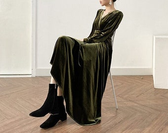 Women Velvet Dress, Midi Dress, Long Sleeves Dress, Oversized Dress, Winter Long Wrap Dress Plus Size Clothing Wedding dress Swing Dress R62