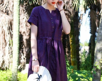 V Neck Cropped Sleeves Tiered Violet Linen Midi Dress, V Neck Mocked Purple  Linen Dress With Pockets DREAM in Lavender - Etsy