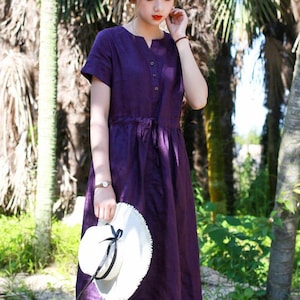 Purple linen dress short Sleeves Dress for Women Linen Midi dress loose custom linen dress handmade dress soft casual dress plus size N190