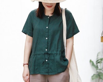Women's linen shirt,  short Sleeves shirt, Summer linen blouse, soft loose linen blouses, oversized shirt plus size clothing custom top N196