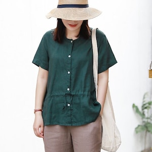 Women&#39;s linen shirt,  short Sleeves shirt, Summer linen blouse, soft loose linen blouses, oversized shirt plus size clothing custom top N196