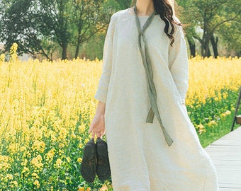 Women Linen maxi dress Long Sleeves dresses with pockets loose linen long dress oversized dress plus size dress soft casual fall dress N53