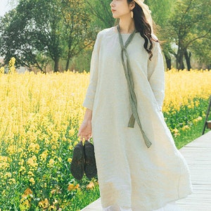 Women Linen maxi dress Long Sleeves dresses with pockets loose linen long dress oversized dress plus size dress soft casual fall dress N53