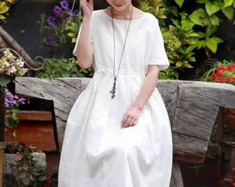 Women Linen Dress Half Sleeve Long Dress Elasticated Waist Dress with Pockets Loose Custom Plus Size Soft Casual Boho Beach Dress 0306-1