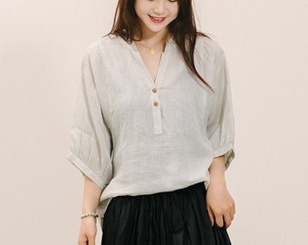 Linen Tops Women, linen Blouse, linen shirt, short sleeves shirt, loose linen blouse , plus size clothing, custom tops, summer top N109