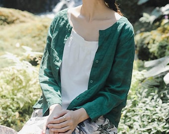 Women's pure linen shirt, long sleeves shirt, loose casual linen cardigan oversized tops, plus size clothing, summer fall spring boho E01