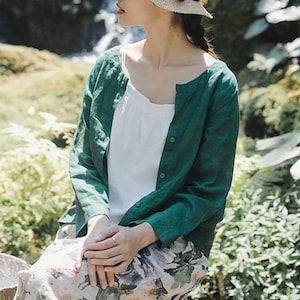 Women&#39;s pure linen shirt, long sleeves shirt, loose casual linen cardigan oversized tops, plus size clothing, summer fall spring boho E01