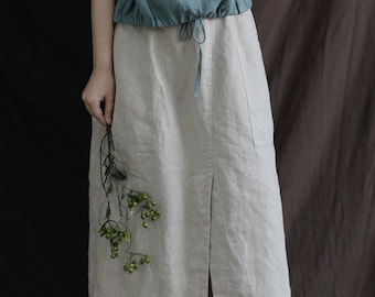 Linen skirt with pockets,vintage skirt, women skirt, plus size skirt, fall spring skirt, custom hand made skirt, Elastic waist skirt N163