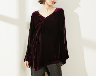 Top in velluto, top da donna, camicetta da donna, top a maniche lunghe con scollo a V, top autunno inverno, top lungo, top taglie forti, top taglie forti, camicia personalizzata N147