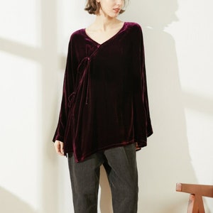 Velvet Top, Women Top, Women Blouse, Long Sleeves v neck tops, Fall Winter tops, Long Top, Large Size tops, Plus Size top, Custom Shirt N147