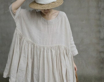 Women cotton linen tops, loose linen blouses ,oversized shirt, plus size clothing, custom hand made clothing boho Pleated long tops N128