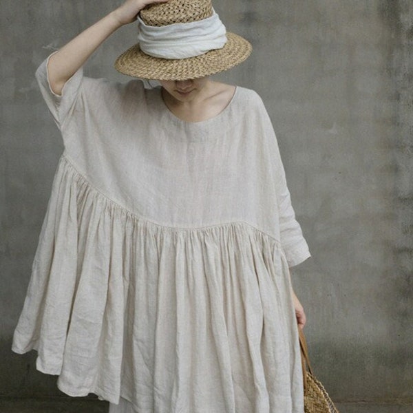 Women cotton linen tops, loose linen blouses ,oversized shirt, plus size clothing, custom hand made clothing boho Pleated long tops N128