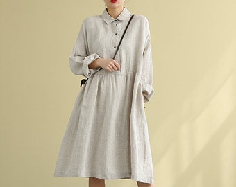 Boho Linen Long Sleeves Dress for Women Linen Midi shirt dress plus size linen dress loose casual handmade dress soft fall dress N34