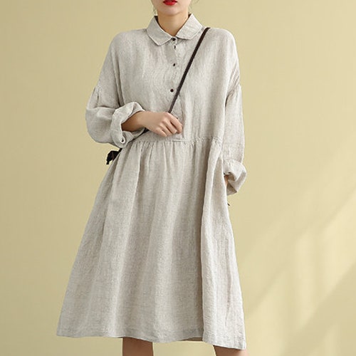Boho Linen Long Sleeves Dress for Women Linen Midi Shirt Dress | Etsy