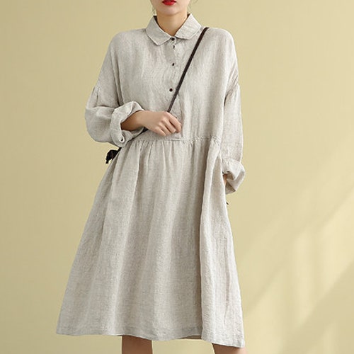 Boho Linen Long Sleeves Dress for Women Linen Midi shirt dress plus size linen dress loose casual handmade dress soft fall dress N34