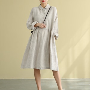 Boho Linen Long Sleeves Dress for Women Linen Midi shirt dress plus size linen dress loose casual handmade dress soft fall dress N34