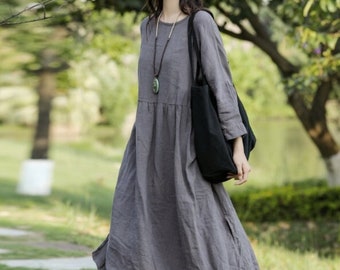 Women cotton linen dresses linen midi dress long dress soft loose casual oversized linen robes customized plus size clothing N150