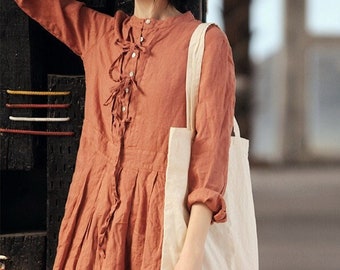 Abito estivo in lino da donna, abito tunica in lino, abito midi in lino, abbigliamento in lino oversize personalizzato, morbido e casual, abbigliamento taglie forti N46