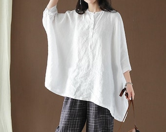 Women's 100% linen tops, loose linen blouses, plus size clothing, large size tops, custom white linen tops, long shirts N11