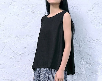 Top in lino senza maniche, top in lino da donna, camicette in lino, camicia in lino ampia, abbigliamento oversize, abbigliamento taglie forti, top estivi per donna N57-1