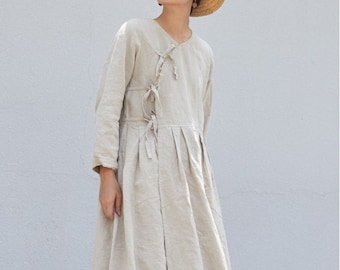 Women's linen dress, long sleeves dress, linen maxi dress, loose casual fall dress, oversized long dress, long robe, plus size dress N144