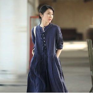 Summer linen dress for women, half sleeves linen midi dress, loose soft linen tunic robes dress plus size clothing custom linen clothing N46