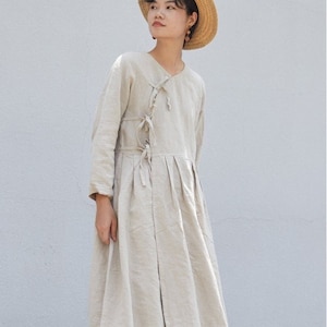 Women's linen dress, long sleeves dress, linen maxi dress, loose casual fall dress, oversized long dress, long robe, plus size dress N144