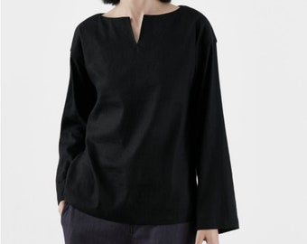 schwarzes Oberteil für Frauen, lange Ärmel Oberteile, lockeres Leinenblusen Oberteil Oversize Shirt Übergröße Kleidung weiches großes Oberteil Herbst Frühlings Top N224