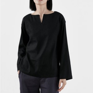 black tops for women, long sleeves tops, loose linen blouses top oversize shirt plus size clothing soft large size top fall spring top N224