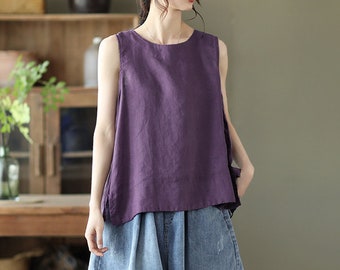 Mouwloze tops, shirt van 100% linnen, linnen damesblouses, zachte losse linnen blouses, oversized shirt, kleding in grote maten, shirt op maat N101