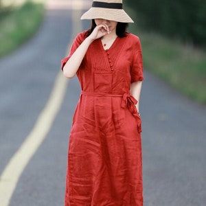 Women linen dresses short sleeves midi dress 100% linen long dress soft loose casual oversized robes plus size clothing large size dress N39
