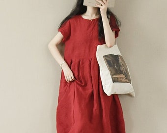 abito a maniche corte da donna in lino, abito midi ampio e personalizzato, abito oversize, boho, morbido, casual, estivo, abbigliamento taglie forti N167